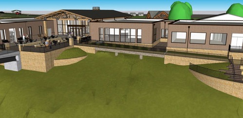 Computerized illustration that shows a large flat building with a slanted stone walkway extending along the length of the building.