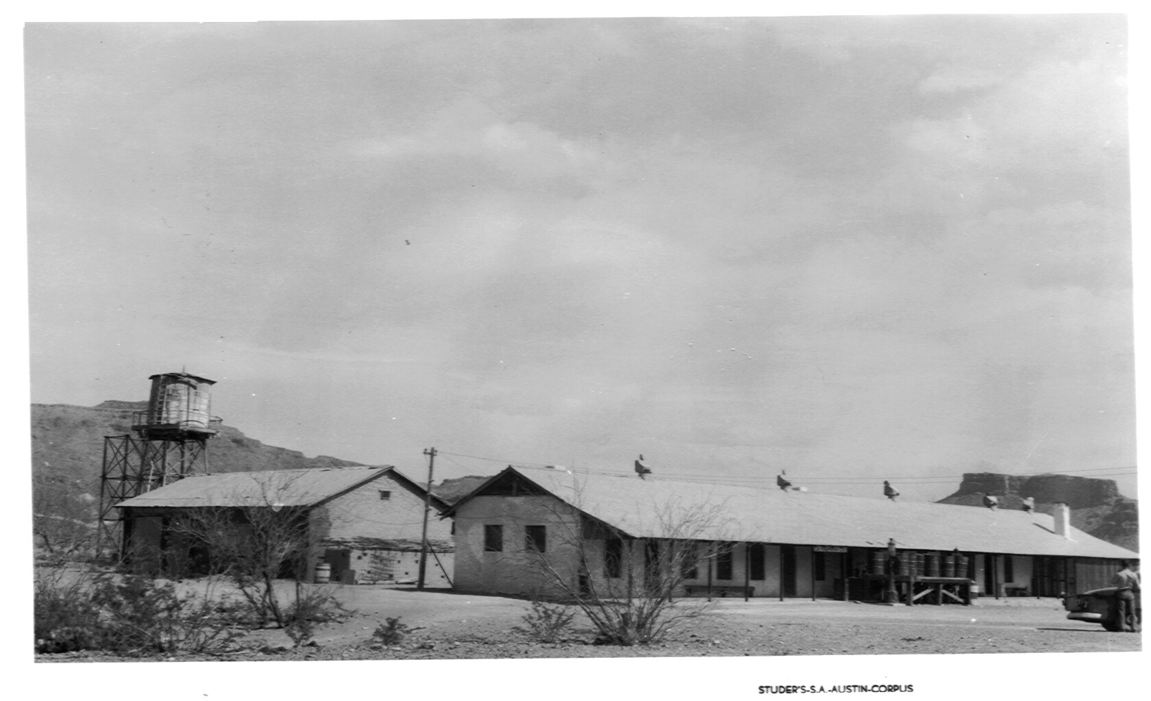 Historic photo of buildings at Castolon with water tower.
