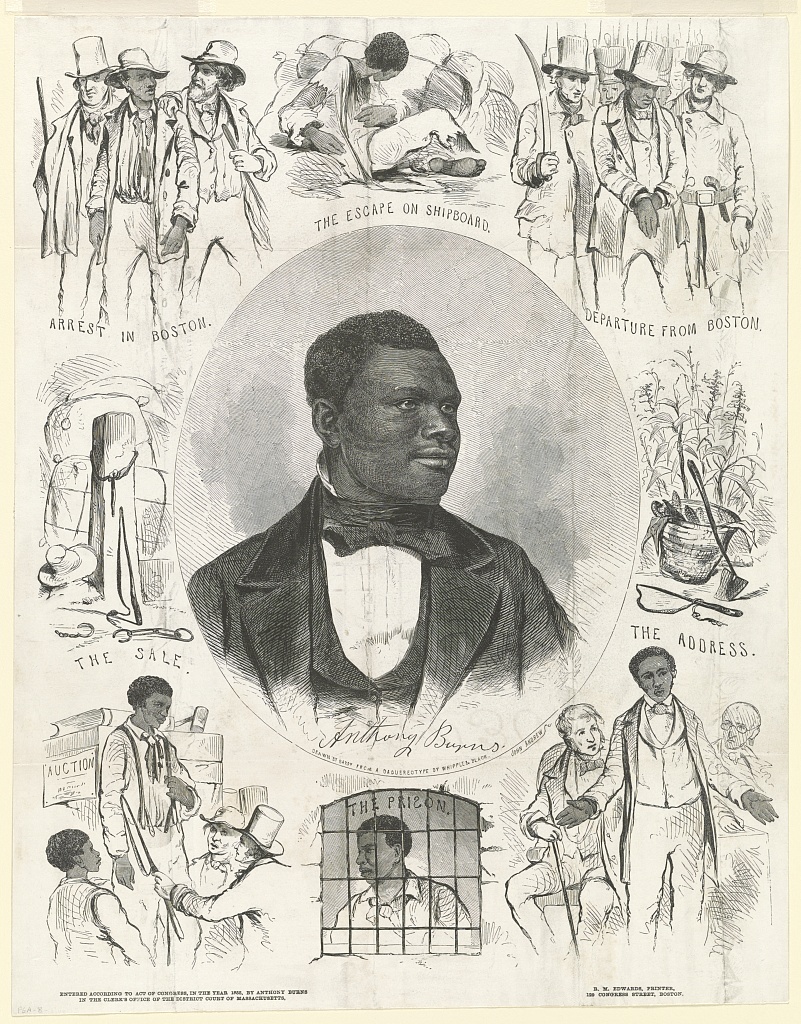 Political cartoon of Burns in the center, with sketches of different aspects of his life around him.
