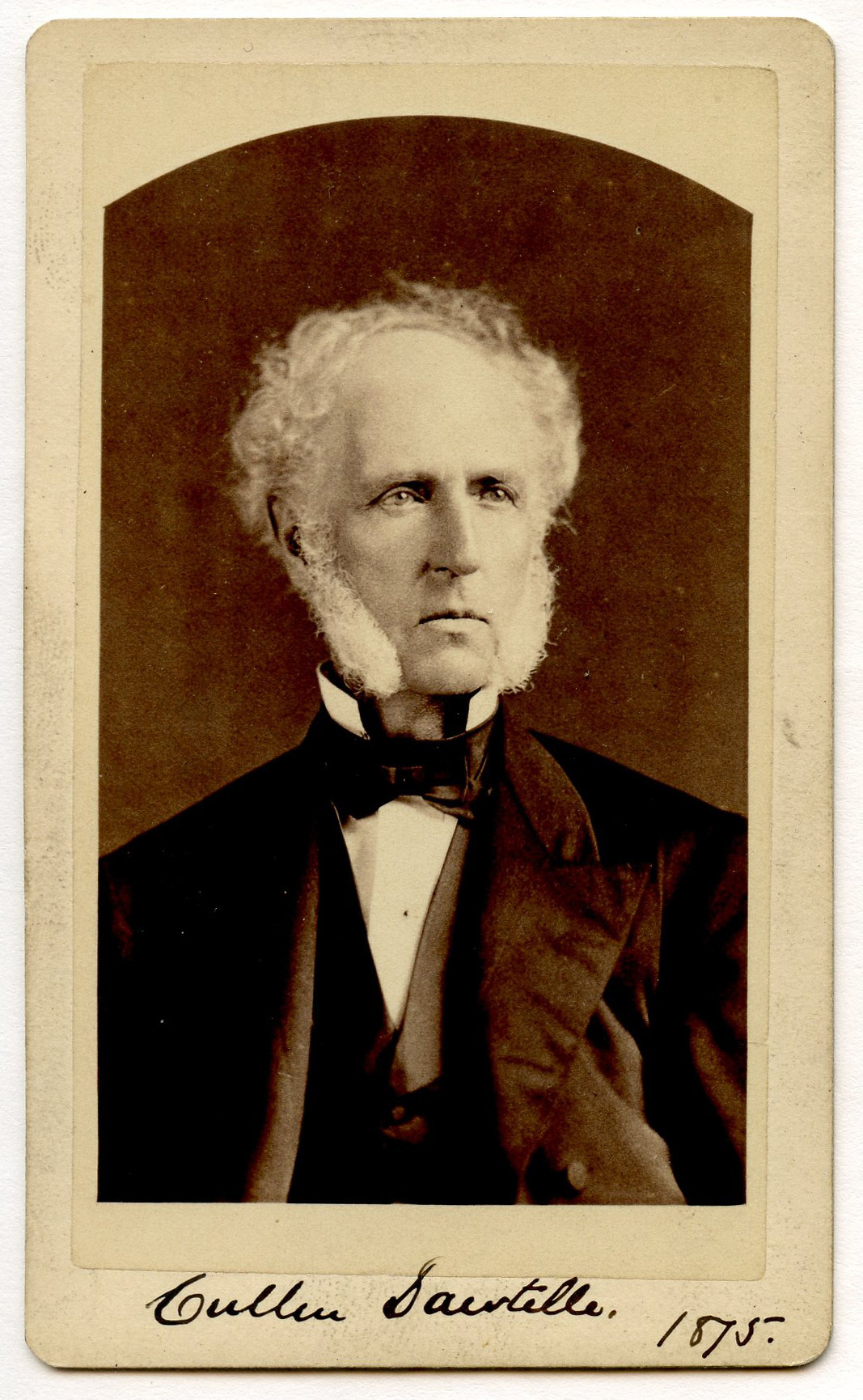Image in rectangle with arched top. White man with long white sideburns and white hair is three-quarter view to his left. He wears dark formal attire with a waistcoat, jacket, and bow-tie tied around a high white collar.