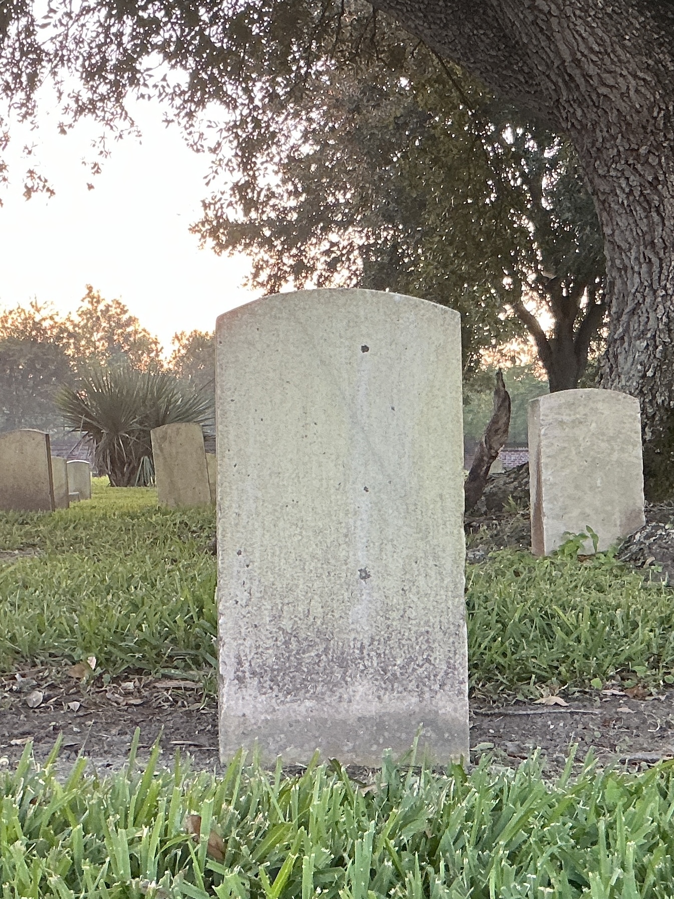 Back of historic upright marble headstone with recessed shield face.