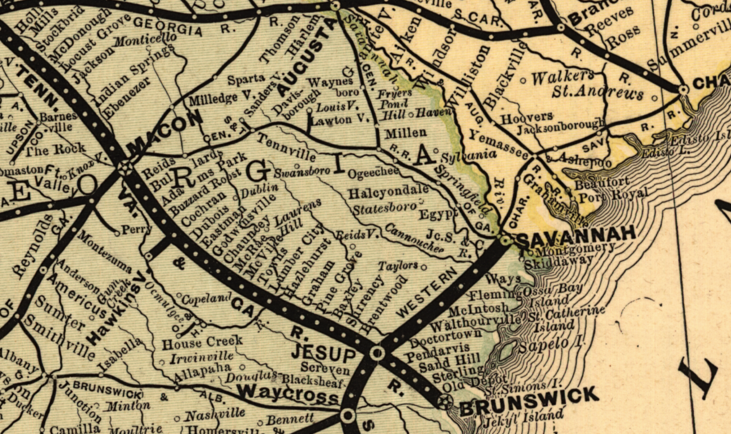 Map outlining railroad lines between Macon and Savannah, Georgia.