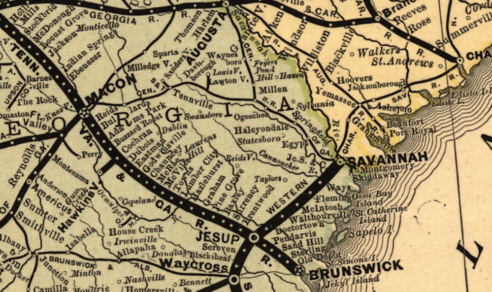 Clip of a map showing train routes beween Macon and Savannah, Georgia.