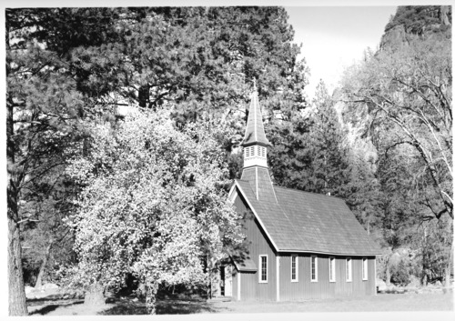 Yosemite Chapel in summer taken when Frank Wisbar movie outfit had many reflectors lighting up the side of building. HABS No. CAL-1649.