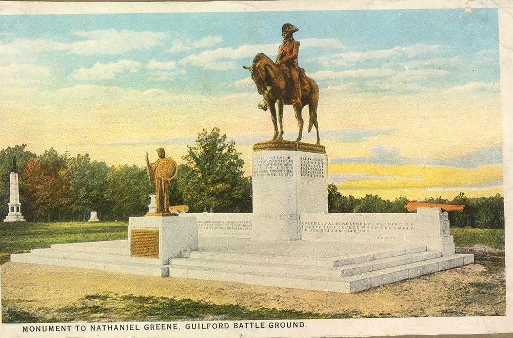 Nathanael Greene Monument and the Alamance/Colonial/Hunter Monument (left background) which is no longer on the grounds of Guilford Courthouse NMP. The monument was relocated to Alamance Battleground in the fall of 1962