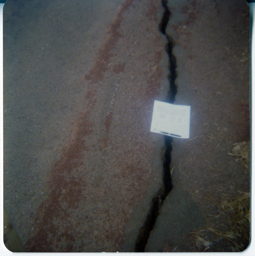 Crack in road in need of repair with paper marking over top.
