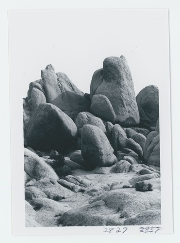 Black and white image of Belle Mt. area, campground, and rock formations