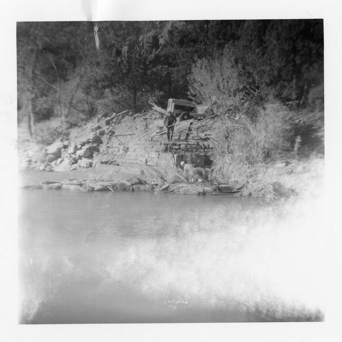 BW photo of the construction/modification of the Canyon Junction Spillway on the Virgin River.