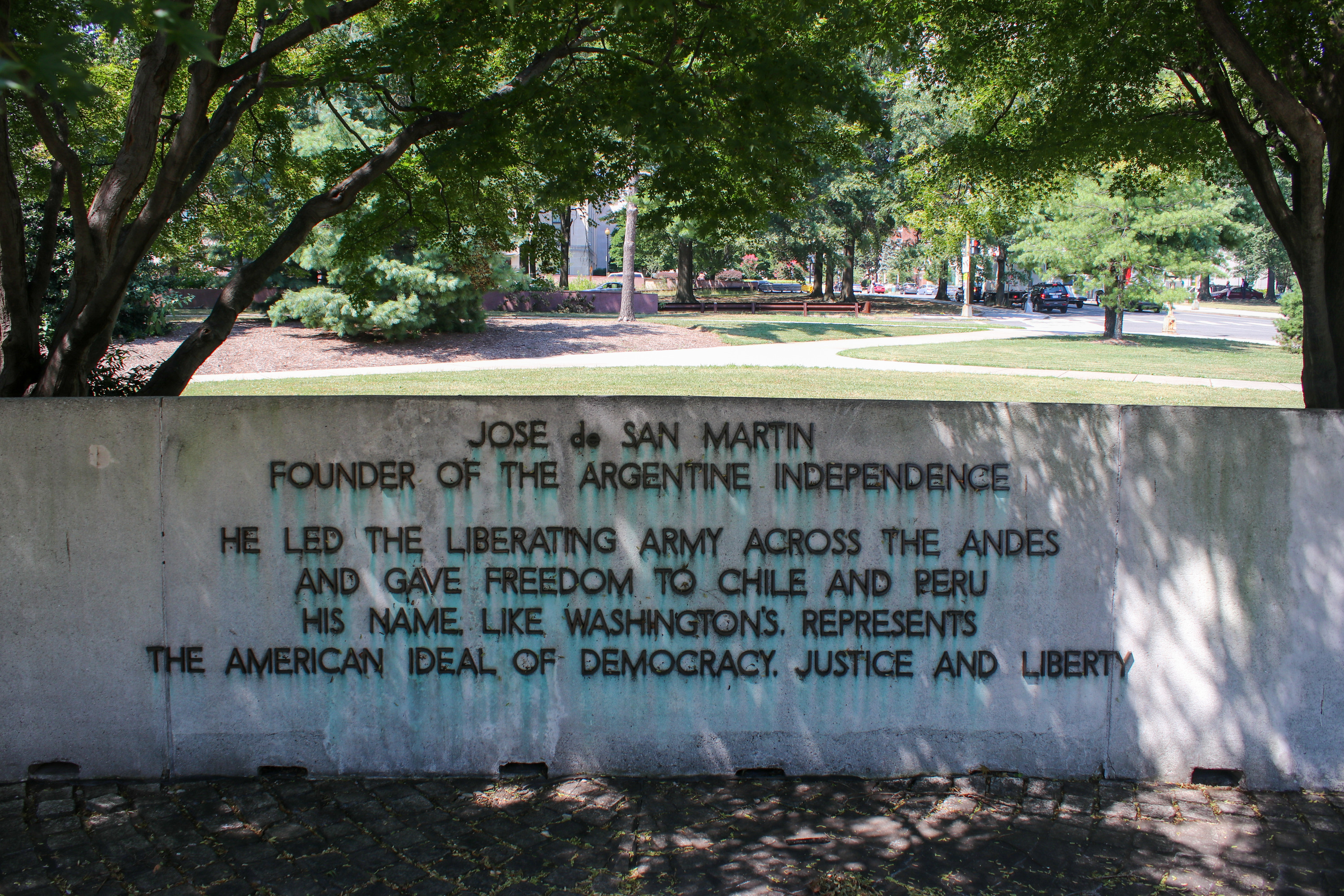 the inscription on a wall reads: Jose de San Martin, Founder of the Argentine independence. He led the liberating army across the Andes and gave freedom to Chile and Peru. His name like Washington's represents the American ideal of democracy, justice and liberty.