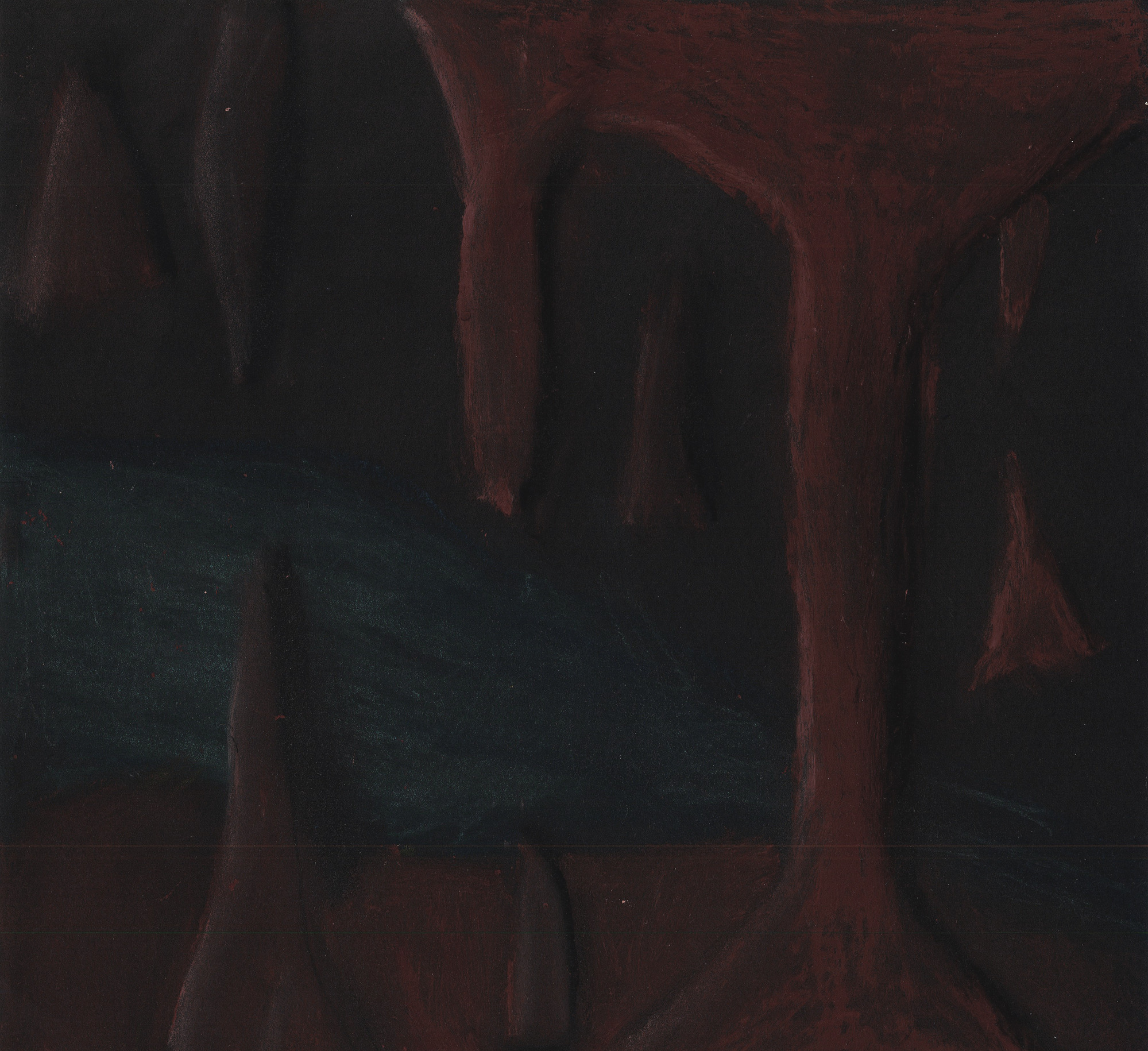 drawing of cave formations in dim cave light, rendered in color pastels