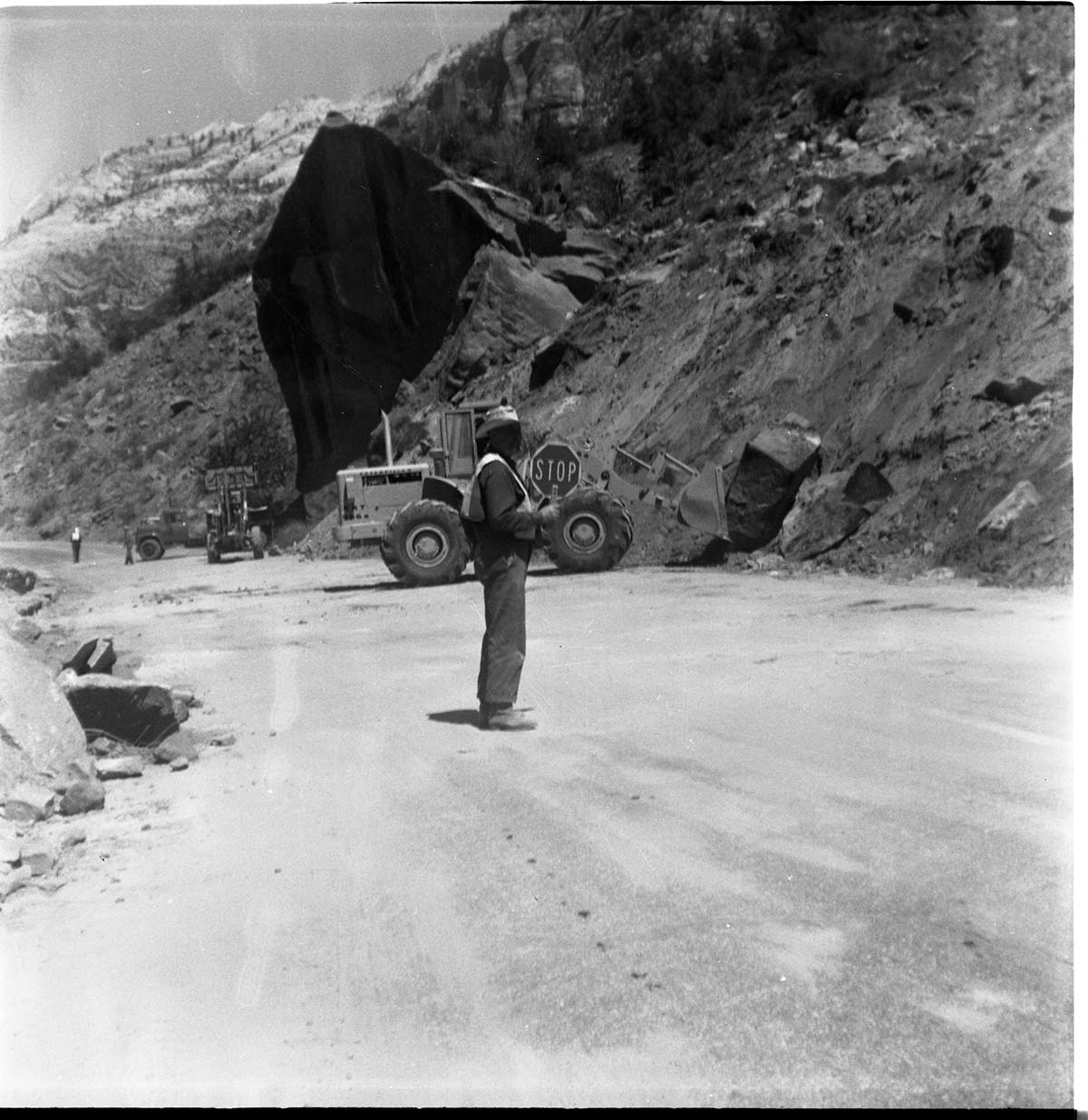 BW photo of rock slide near Echo Rock - 2.5" x 2.5".
