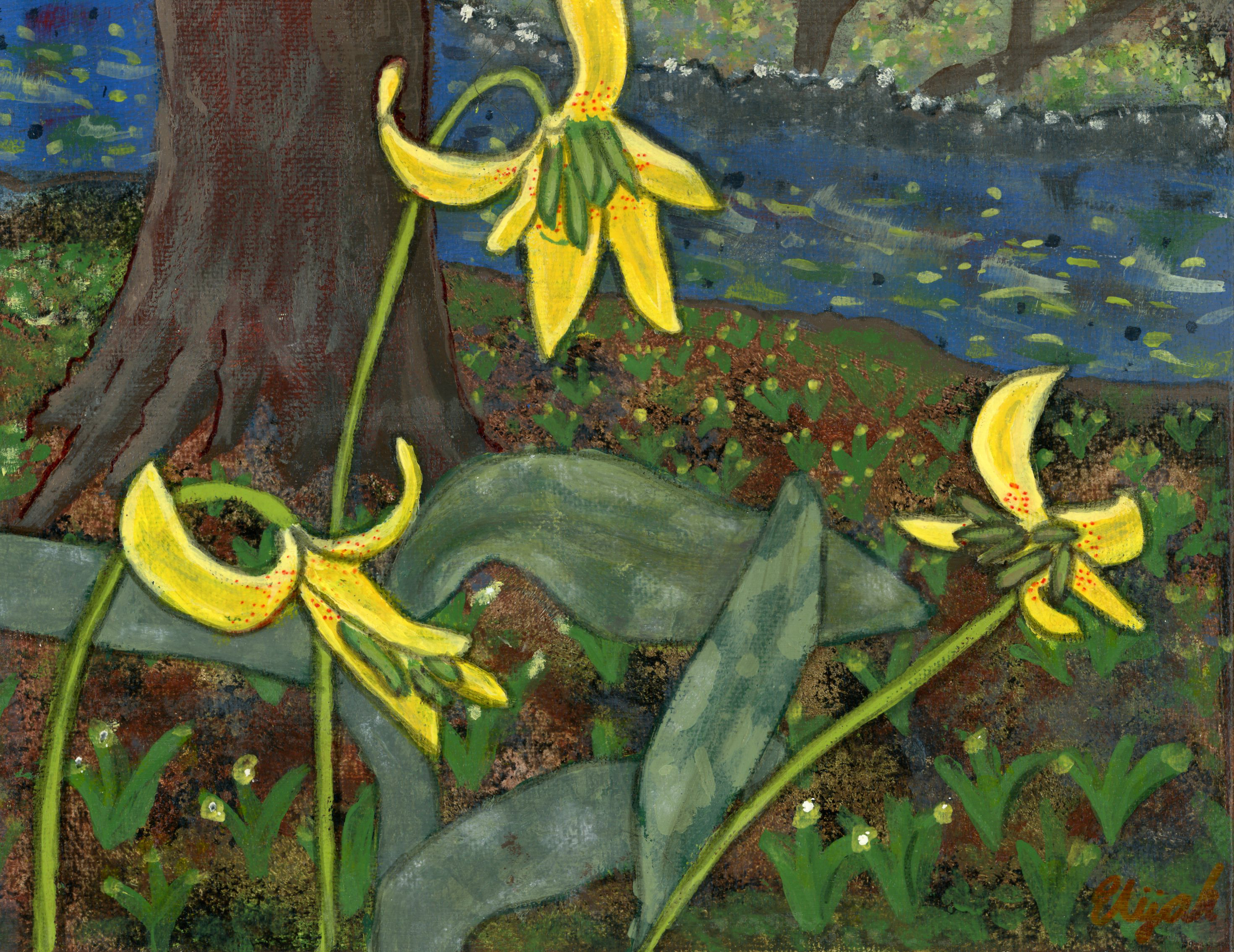 painting of yellow flowers along a stream with a large tree
