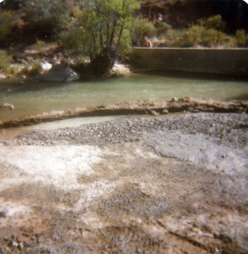Color photo of the construction/modification of the Canyon Junction spillway on the Virgin River.