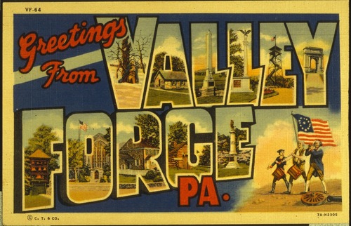 Blue Valley Forge postcard with fife and drummers under US flag.