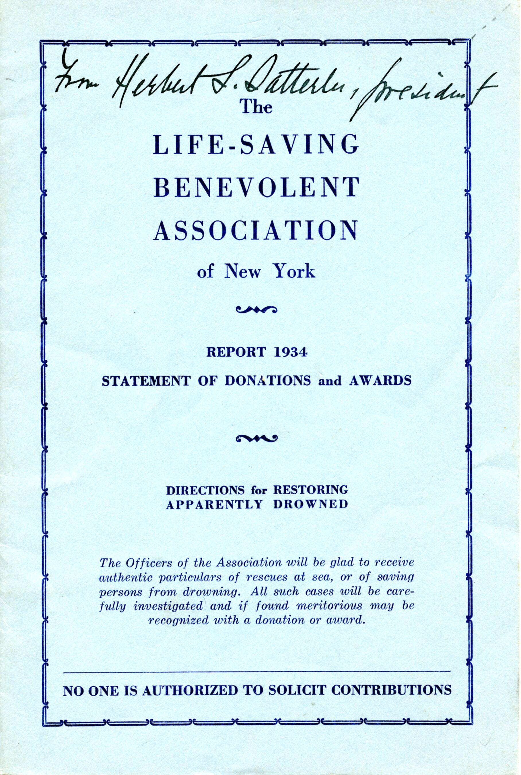 Booklet, Life-Saving Benevolent Association, 1934 p.1.tif