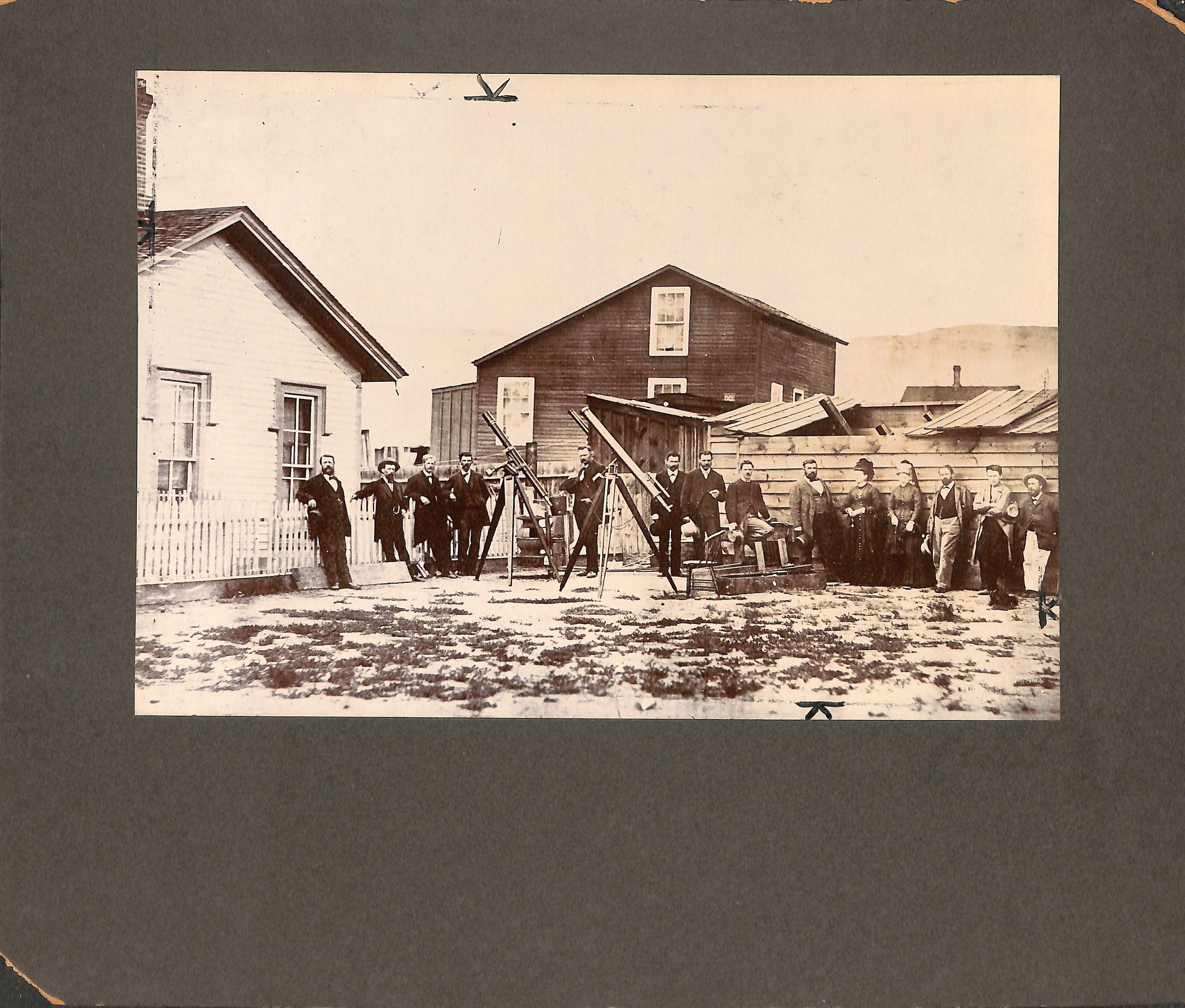Astronomical expedition at Rawlins, Wyoming to observe a solar eclipse. Thomas Edison second from right.. Astronomical expedition at Rawlins, Wyoming. Thomas Edison second from right. From left to right - Prof. G. I. Barker [University of Pennsylvania] ; Master Mechanic ; Prof. Henry, Morton [President of Stevens Institute, NJ] ; Edison's friend, Bloomfield ; Prof. S. Hess. Fort Dodge, Iowa ; D.H. Talbot. Sioux City, Iowa ; W. F. Rae [Correspondent, London Press] ; Mr. Fox [Correspondent, New York Herald] ; Prof. Watson and wife, Ann Arbor, Michigan ; Prof. Draper and wife, [University of New York] ; Prof. Thomas A. Edison, Menlo Park ; Prof. Norman Lockyer, England.