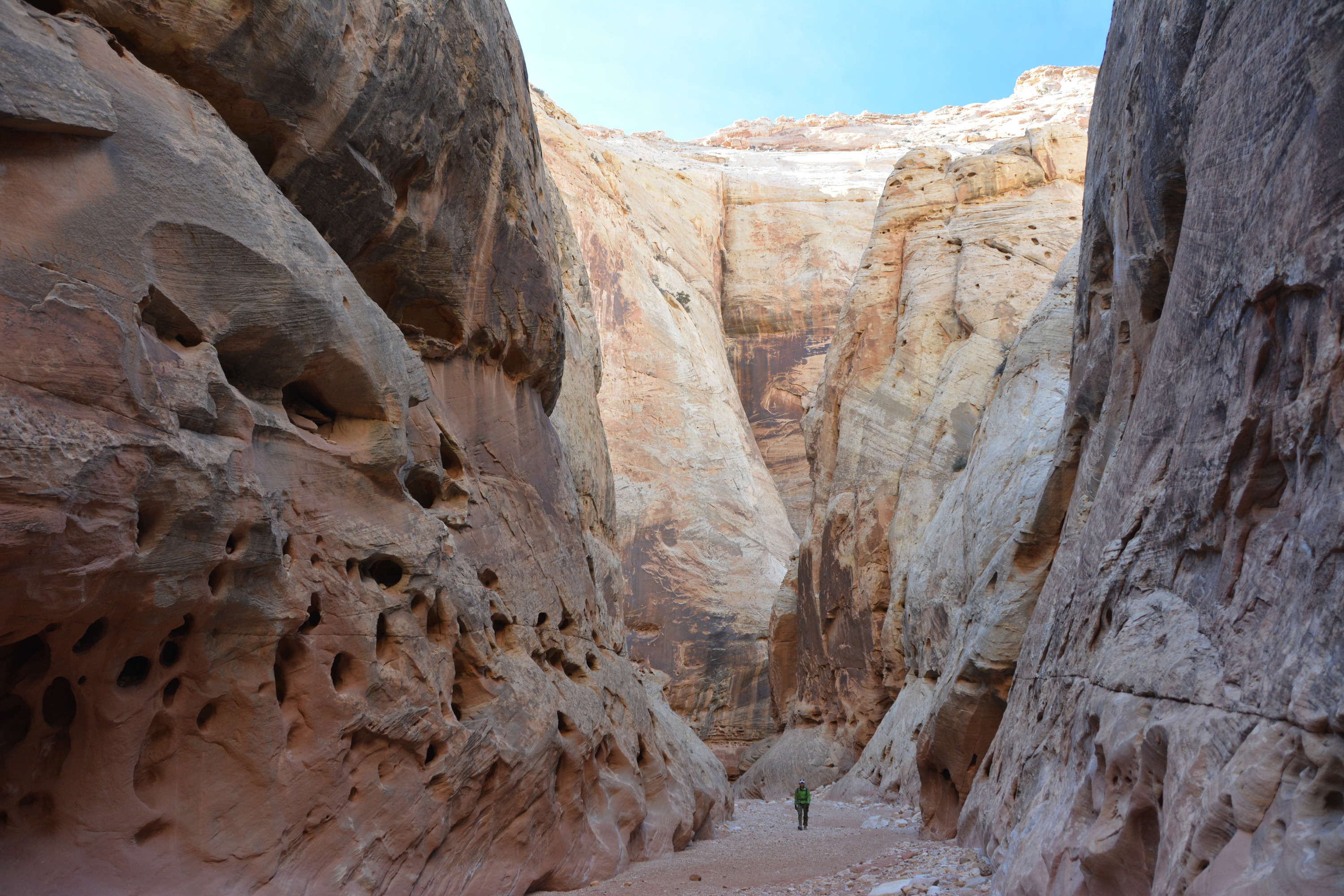 Small person hiking at the bottom of a deep, narrow canyon, with towering white and reddish orange cliffs and blue sky above. 