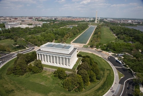 The Lincoln Memorial and the Reflecting Pool stretch east toward the Washington Monument and the Capitol Building two miles away.