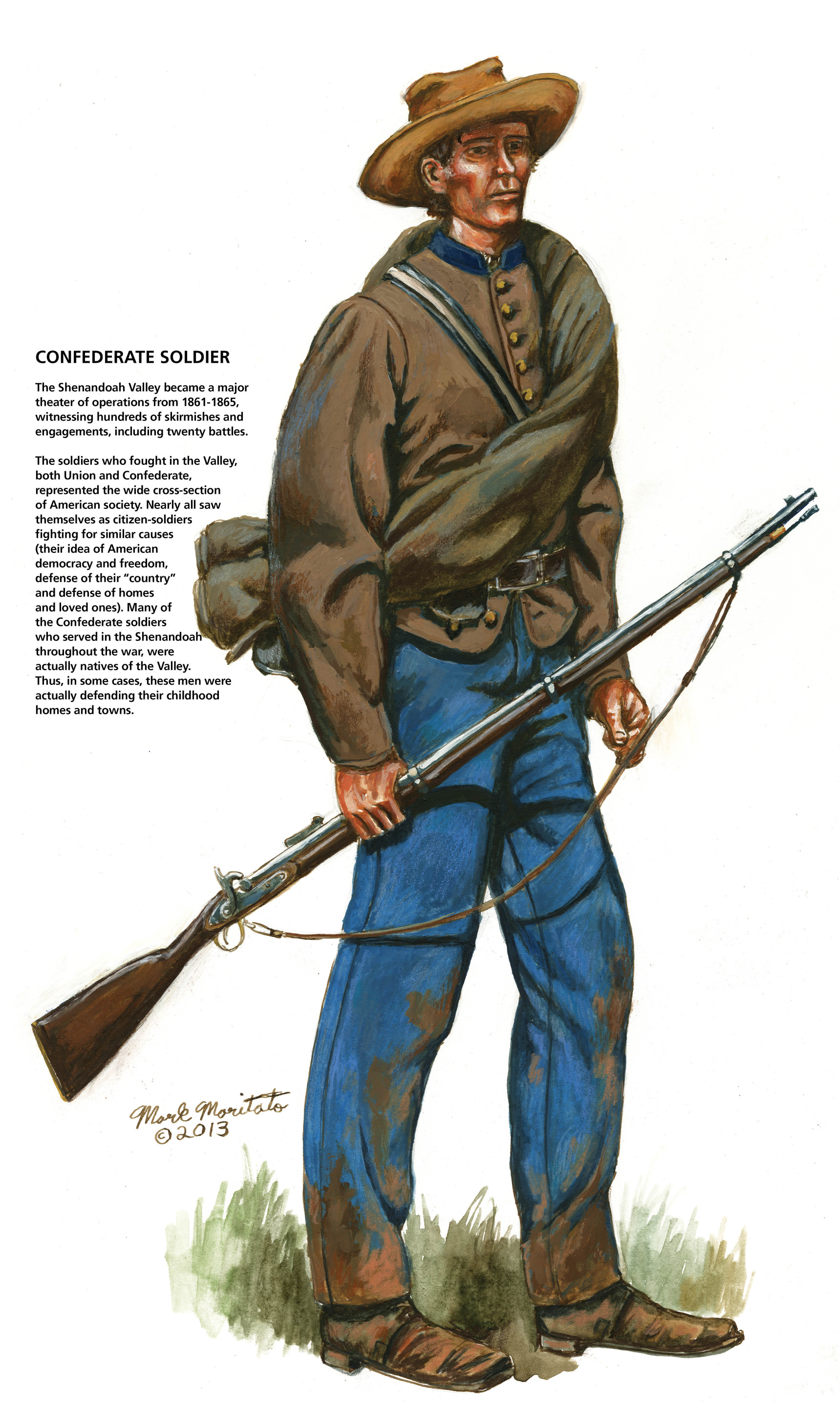 An exhibit panel shows an illustration and text describing a Confederate soldier with his uniform, firearm, and equipment. 