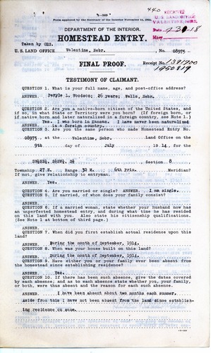 Scanned image of a Homestead final proof form. See description for text.