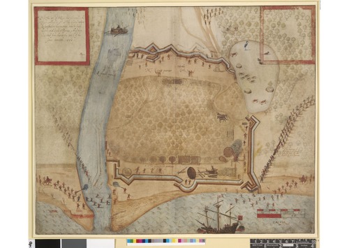 Pen and brown ink over black lead and watercolor on two conjoined sheets, 363 x 445 mm. Inscribed in brown ink: within a red border (modernized), 'The 11th of May the General in the Tiger arrived at St. Johns Island where he fortified in this manner, took in fresh water, and built a Pinesse, and then departed from therre the 23rd of the same month, 1585'; with various items labelled on the image and to right, 'The manner of drawing in of timber, into the fort for the building of a Pinesse.' 1906,0509.1.4