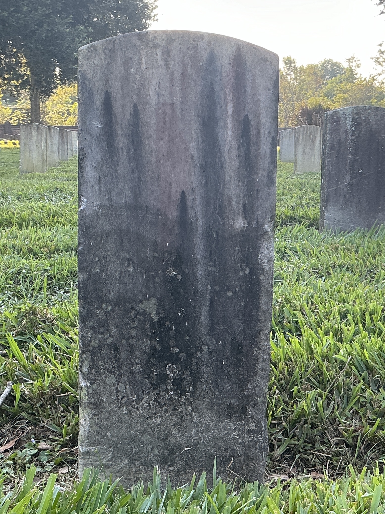 Back of historic upright marble headstone with recessed shield face.