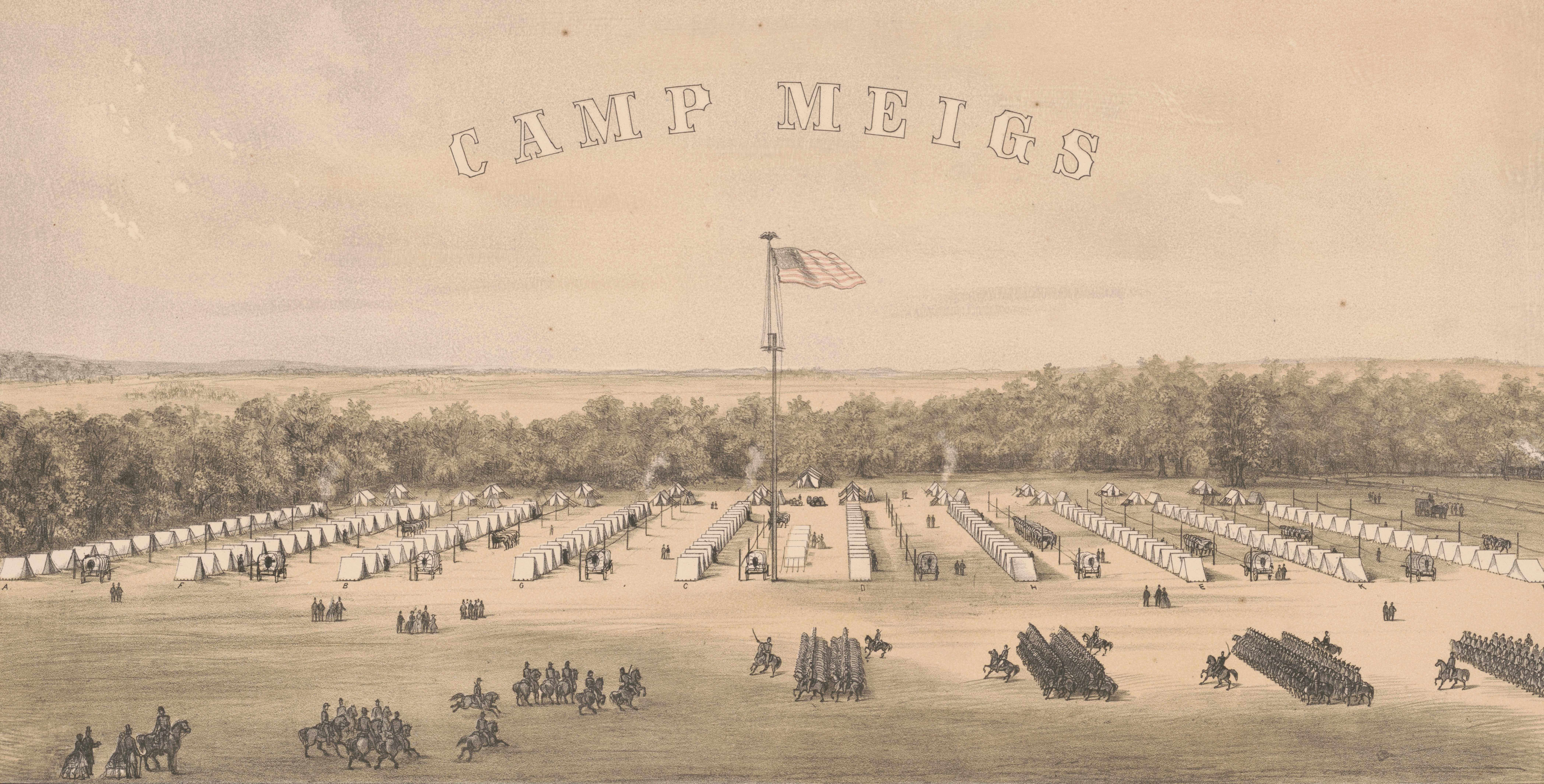 Active military field with 11 rows of tents lined up and a flag pole in the center. Groups of soldiers on horseback are marching and drilling in the foreground.