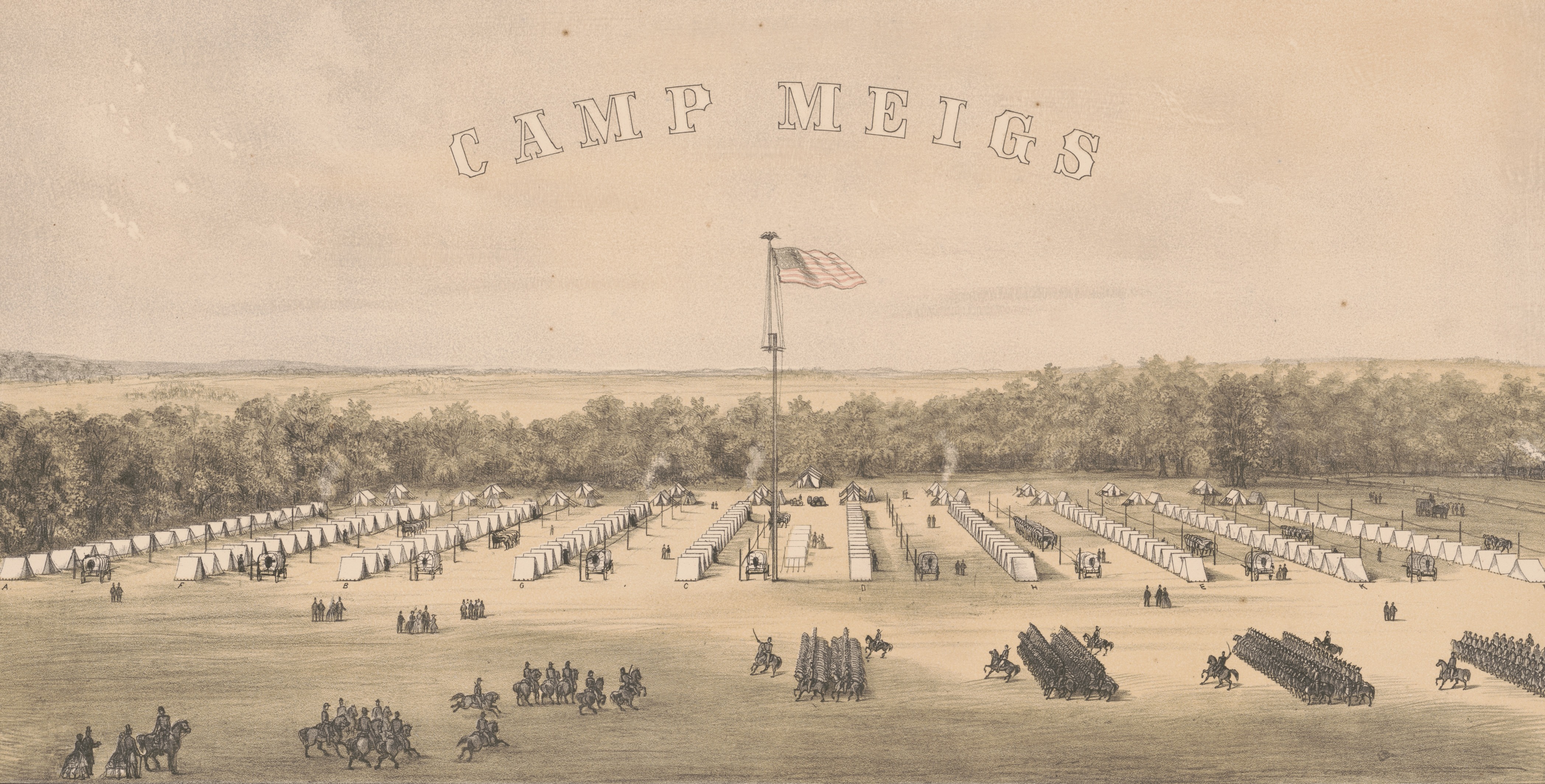 Birds eye view of Camp Meigs, a military camp in Readville, Massachusetts. An American flag is raised in the middle, with white tents lined around the grounds, soldiers and horses throughout, and trees in the background.