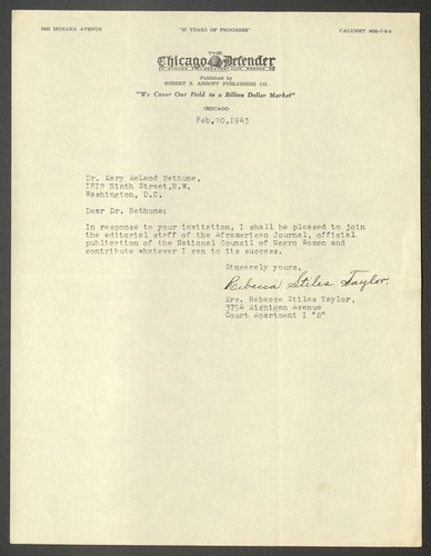 Correspondence regarding "The Aframerican Womans Journal"