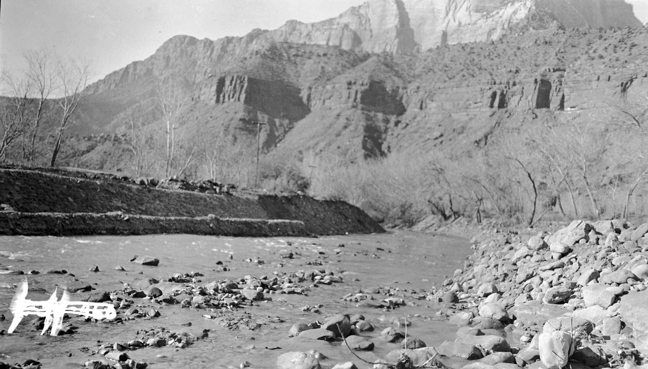 Channel change' rock cribbing channelization work alongside the Virgin River near the South Entrance.