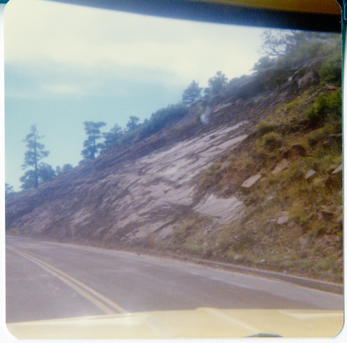 View through the windshield of the Kolob Terrace Road - North Unit and the landscape on the side of the road.