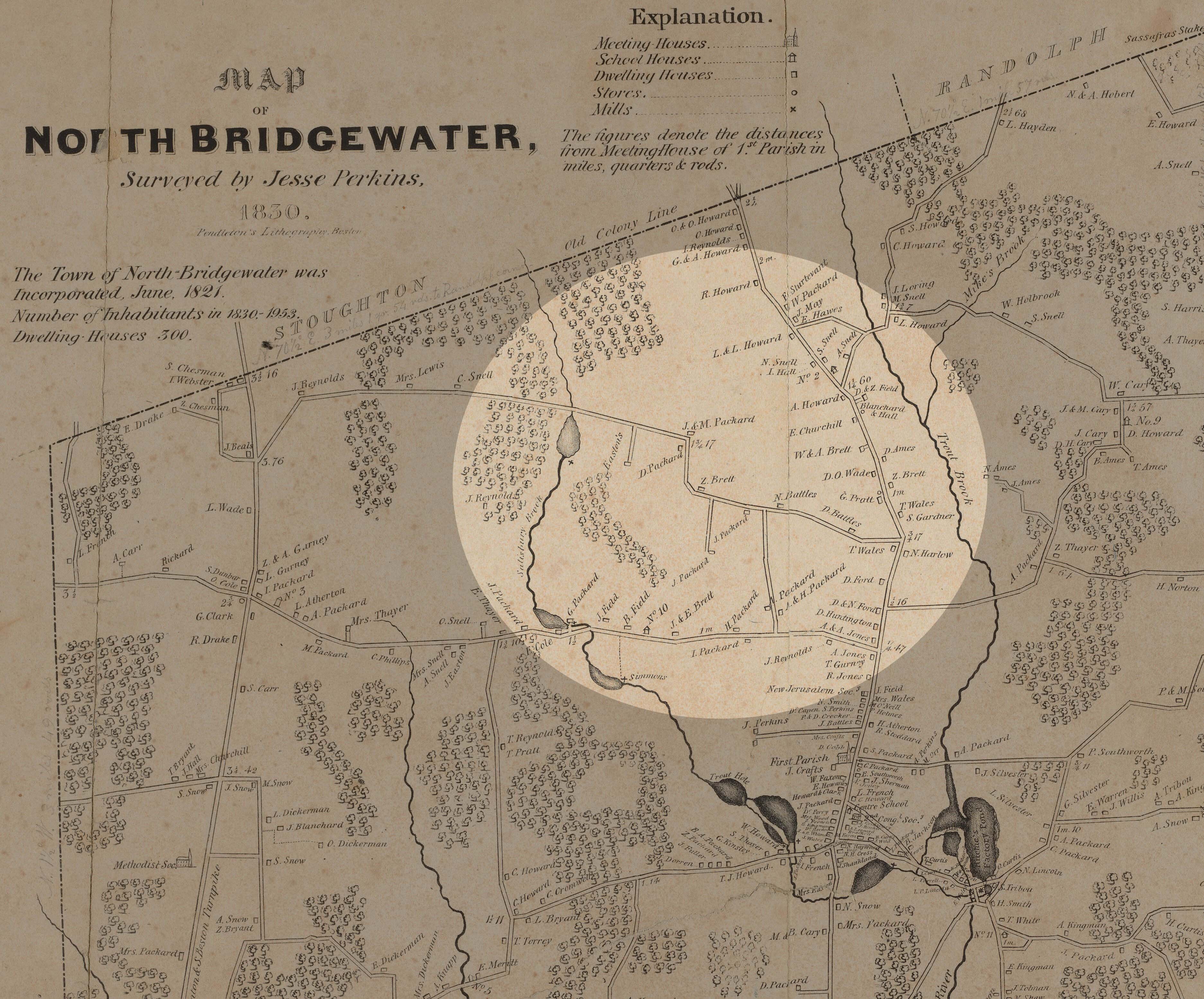 Map of North Bridgewater with a circular area highlighted in the middle.