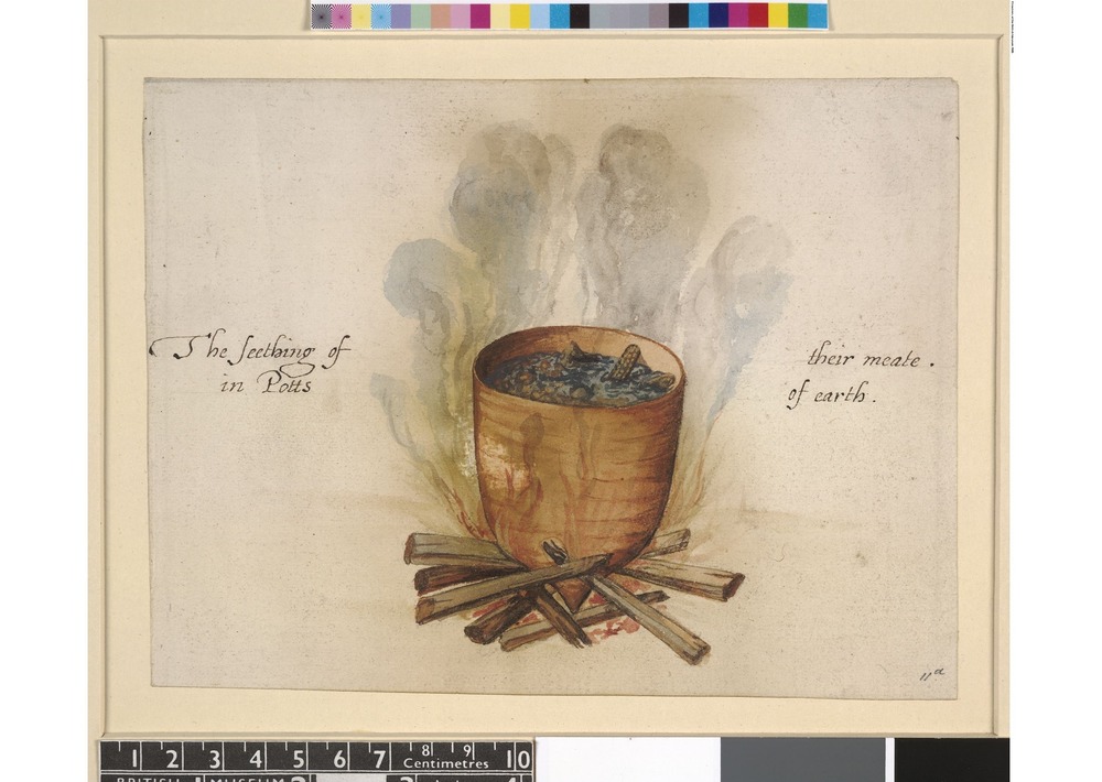 Watercolor over black lead, touched with gold and white. 150 x 195 mm. Inscribed in brown ink (modernized): 'The seething of their meat in pots of earth.' 1906,0509.1.11.a