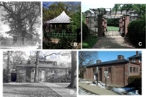 Five historic and contemporary imagess show the Summerhouse, Pergola, and Lodge.