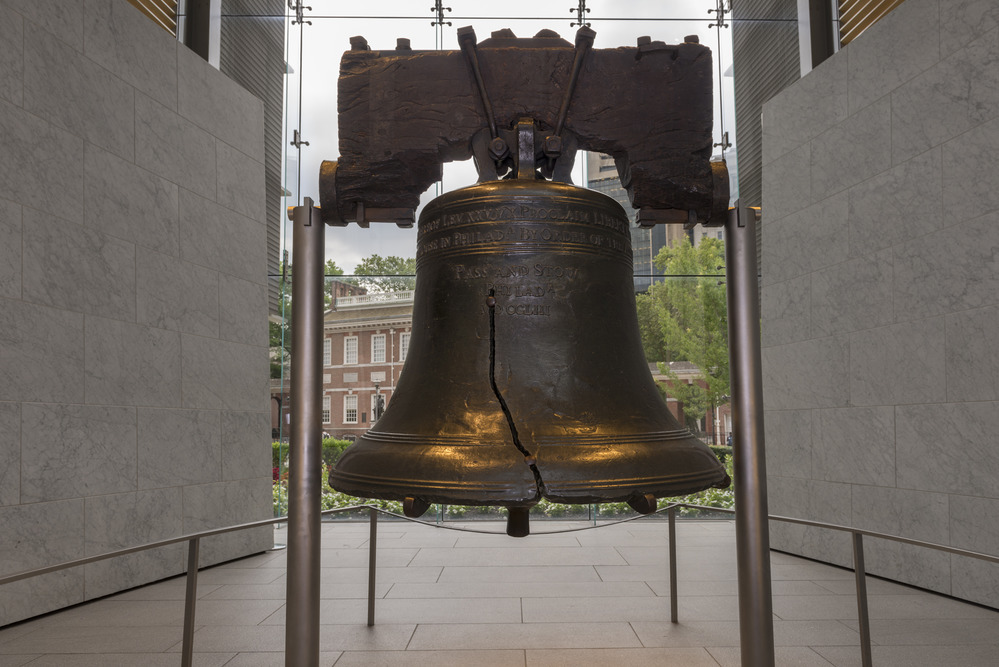 View of the Liberty Bell supported by two steel posts.