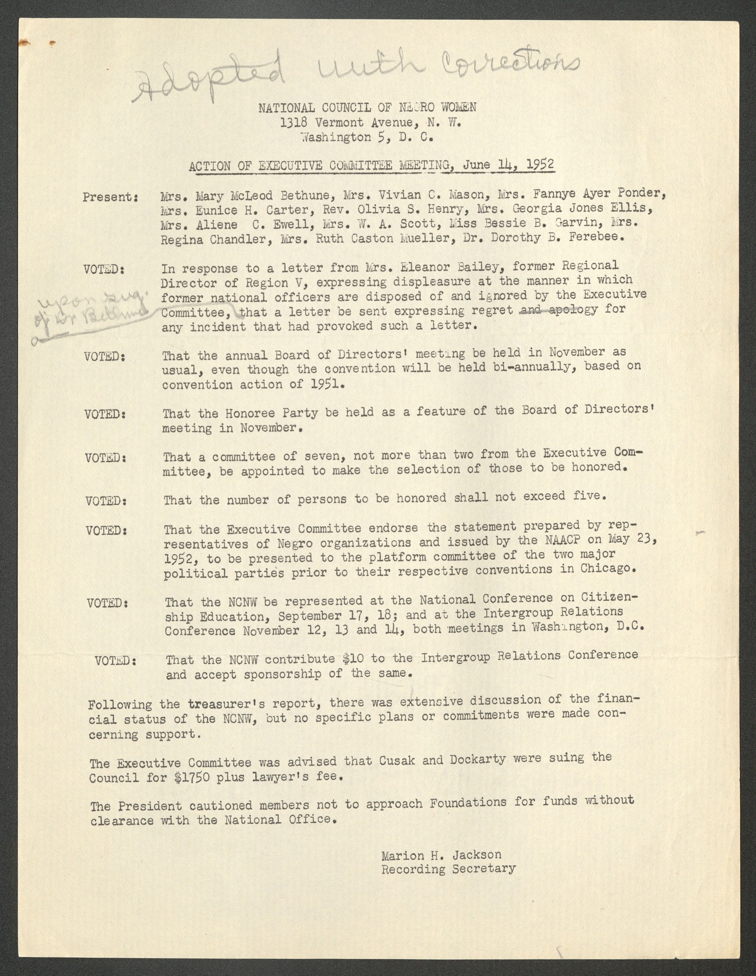 NCNW, meeting minutes, 1952