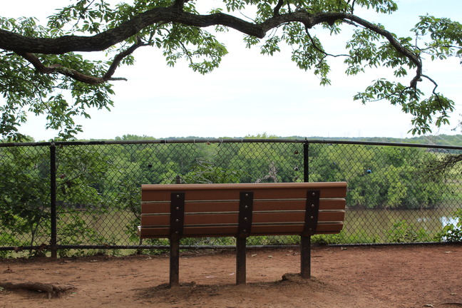 Wooden bench sitting in front of fence and Potomac River 