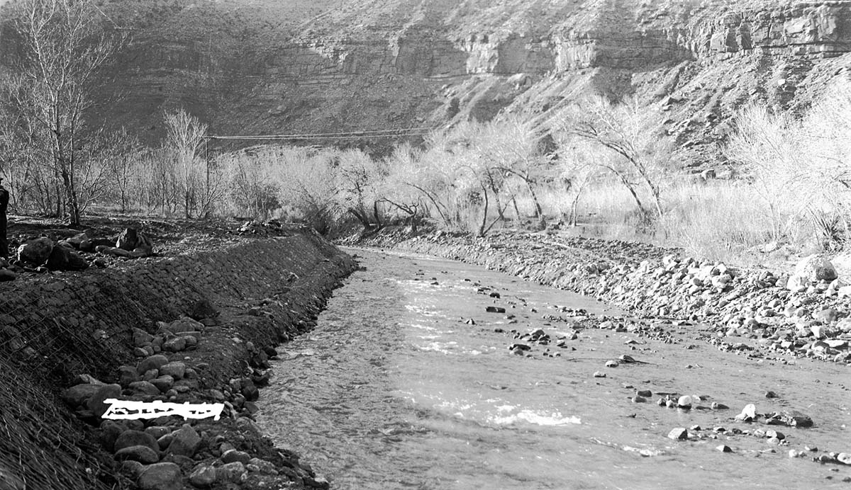 Channel change' rock cribbing channelization work alongside the Virgin River near the South Entrance.
