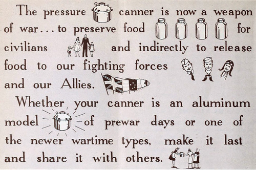 Black text on white background. Text is interspersed with drawings of canners, canning jars, a family, and flags All of the illustrated people are white.
