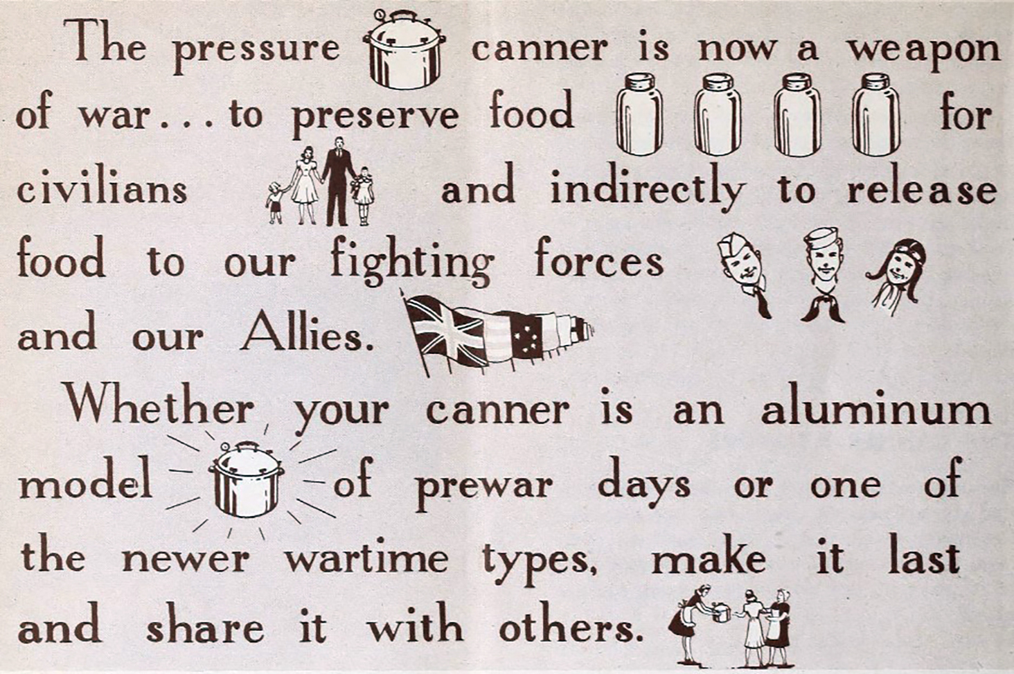 Black text on white background. Text is interspersed with drawings of canners, canning jars, a family, and flags All of the illustrated people are white.