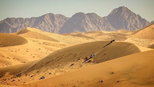 golden yellow sand dunes pictured with rugged grey and brown desert mountains in the back