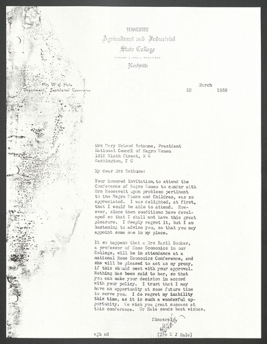 Correspondence between Mary McLeod Bethune and Harriet Hodgkins Hale, March 12, 1938