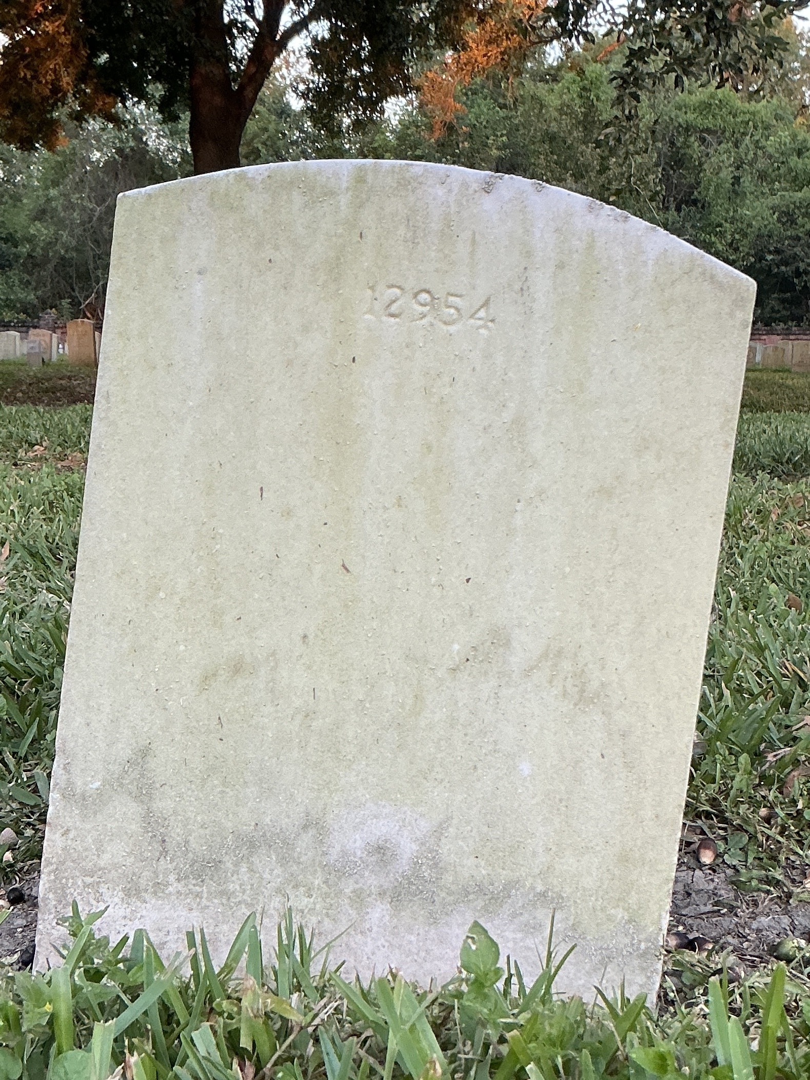 Back of upright marble headstone with flat face.