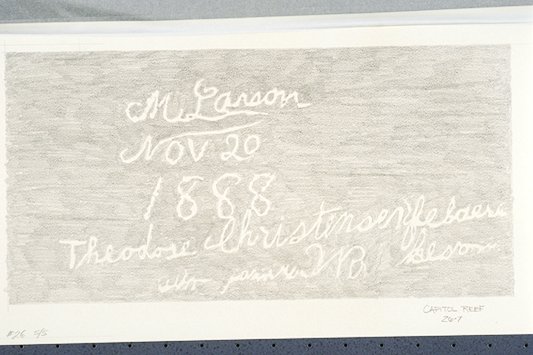 Spot illustration depicts a portion of the Pioneer Register located on a rock wall of Capitol Gorge. The Pioneer Register's earliest date is 1871, when two prospectors scratched their names in the rock wall.