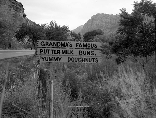 The black on yellow Grandma's signs along State Route 15 (now State Route 9) south of Springdale. Signs were at every turn and straight-a-way from Virgin, Utah to the park's South Entrance. These photos were used as documentation for the proposed clean up project to remove all undesirable signs and debris along the main access route to Zion National Park.