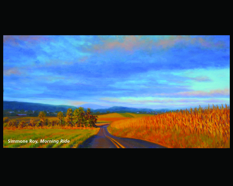 Painting of two-laned highway winding through gold wheat fields towards blue-green hills and a blue-violet sky.