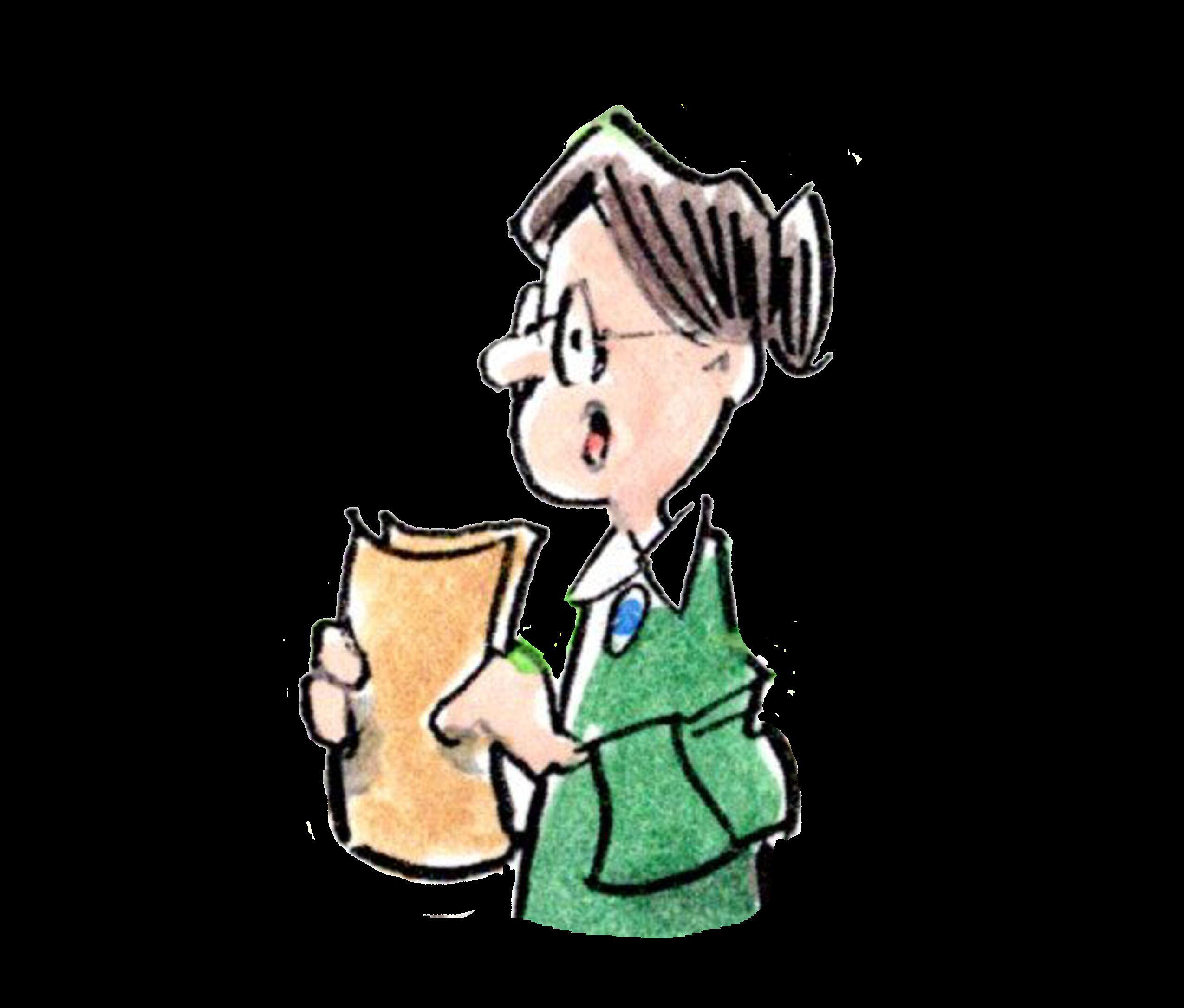 Cartoon illustration of woman with brown hair wearing eyeglasses, a green jacket, and a blue broach. She is reading out loud from a sheet of paper.