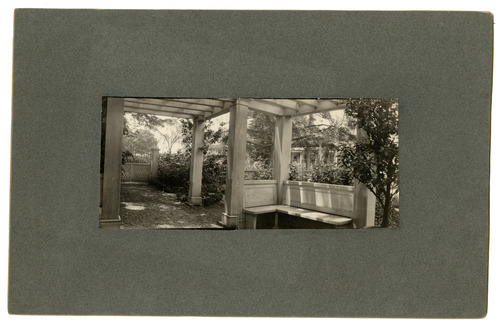 Black and white panoramic view of garden from the arbor.