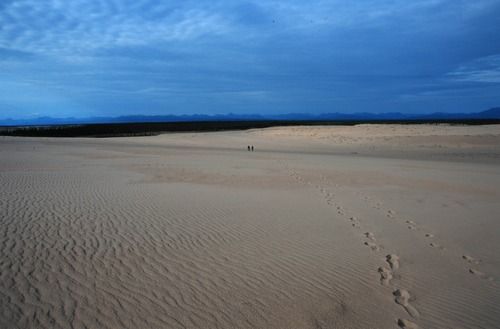 Two hikers look tiny on a vast expanse of sand.