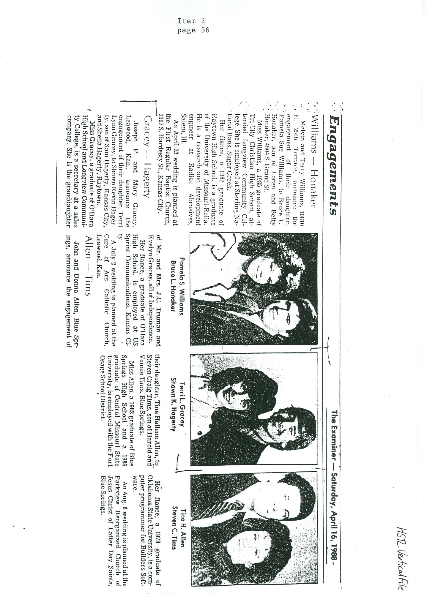 “Engagements,” Indpendence Examiner, 16 April 1988.